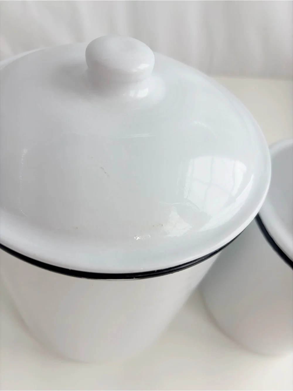2 Piece Canister Set Vintage Inspired White & Enamel Black Rim Round Tin Storage